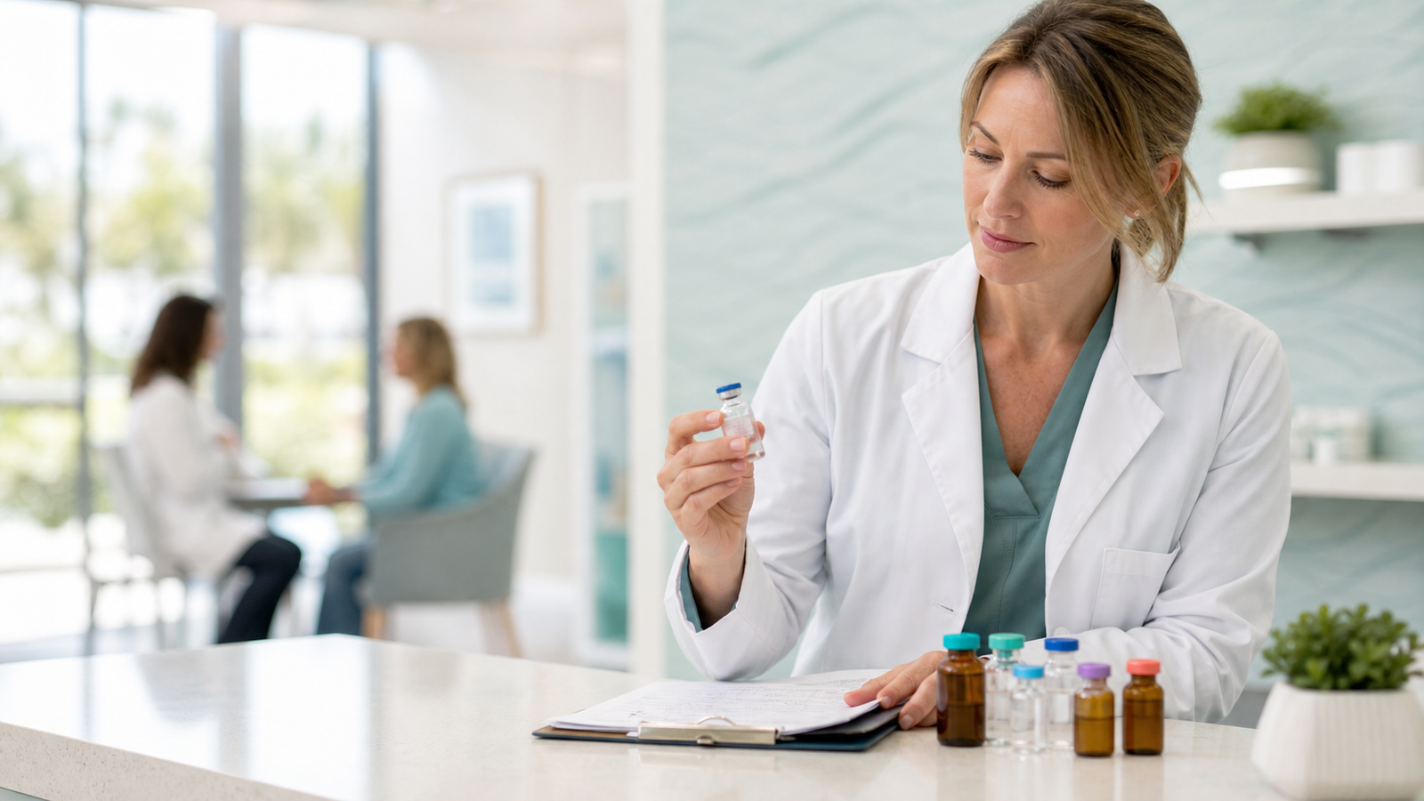 Clinician reviewing a peptide vial and personalized care plan